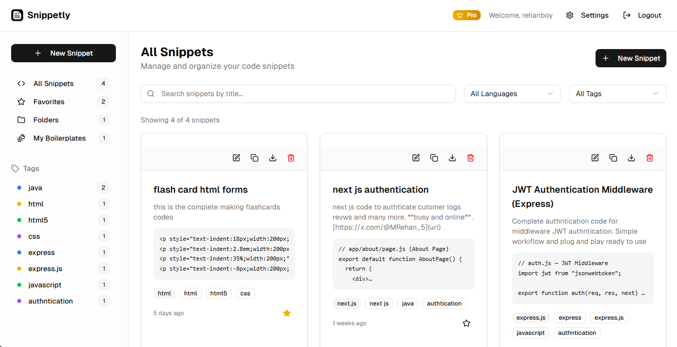 Snippetly Dashboard Preview - Manage and organize your code snippets
